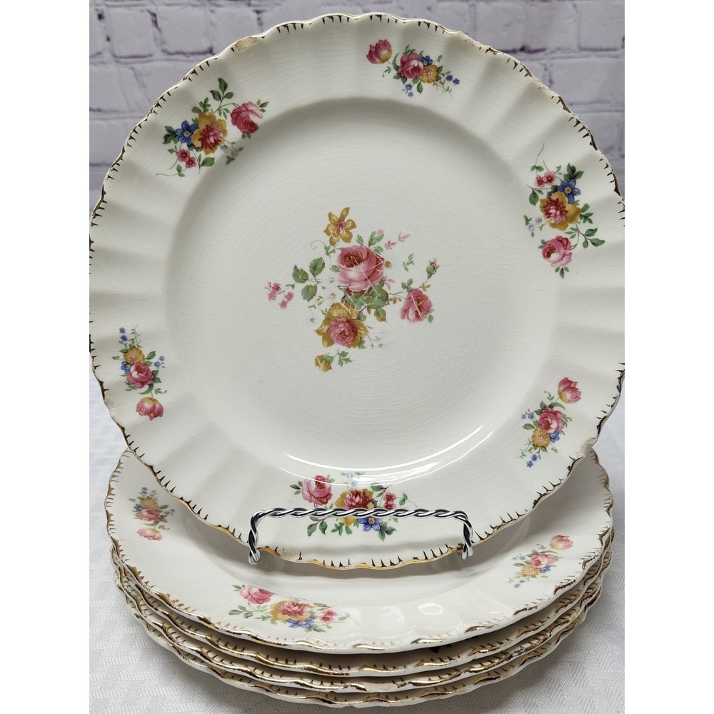 VTG Made In USA Limoges English Rose Pattern Set Of 5 Dinner‎ Plates 22kt Gold